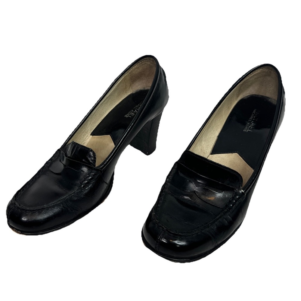 Michael Kors Black Leather Penny‎ Loafer Heels Womens Size 9M Block Heel Pumps